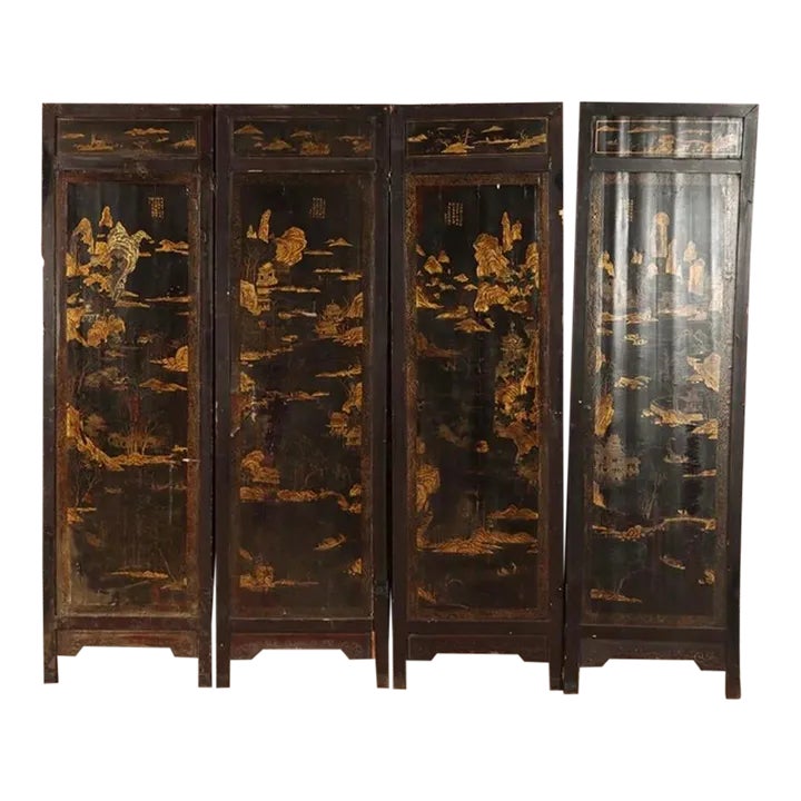 Chinese Four Panel Black Lacquer Folding Room Divider Screen Circa
