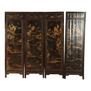 Chinese Four Panel Black Lacquer Folding Room Divider Screen Circa 1900