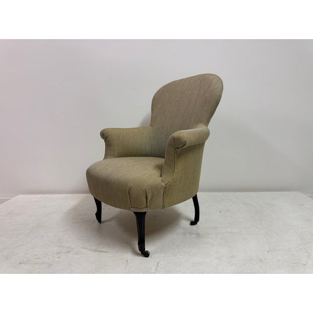 Antique Lounge Chair in Neutral Fabric, 1890s For Sale - Image 3 of 11