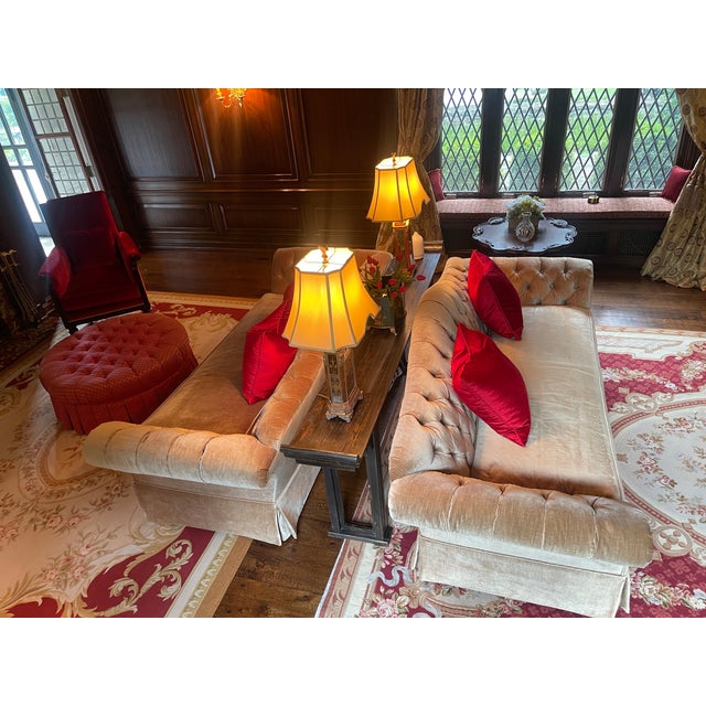 2000 - 2009 Pair of Custom English Country Tufted Silk Velvet Sofas For Sale - Image 5 of 7