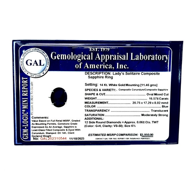Blue Natural Solitaire Composite Sapphire Ring 6.5 14k WG 16.63 TCW Certified For Sale - Image 8 of 11