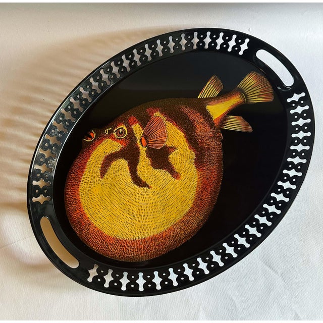 Vintage Italian oval enameled metal tray depicting orange puffer fish / made in Milan Italy in the 1950s Original...