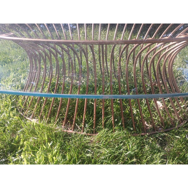 1980s Wrought Iron Gold Wired Cage and Glass Oval Coffee Table For Sale - Image 6 of 11