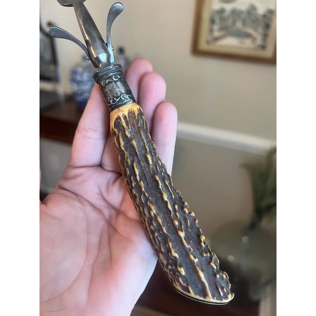 Antique Sterling Silver Mounted Stag Horn Carving Set, Meat Fork and Sharpening Steel For Sale - Image 6 of 15