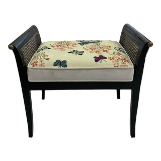 Late 20th Century Caned Ebonized Regency Window Bench With Embroidered Cushion For Sale