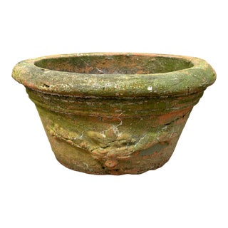 Vintage Aged Terra Cotta Oval Planter With Repose Design For Sale