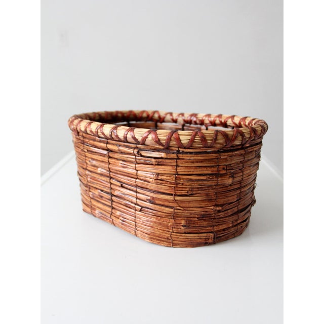 Wood Vintage Woven Reed Oval Basket For Sale - Image 7 of 11