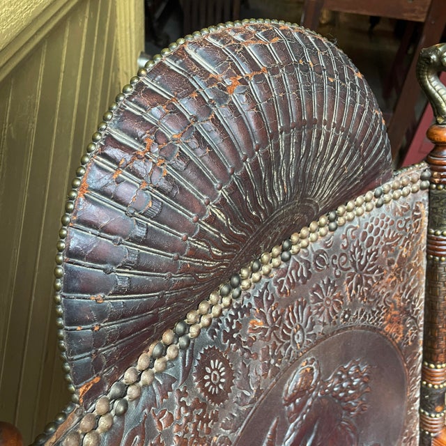 Mid 19th Century Victorian Aesthetic Movement Rocking Chair With Embossed Leather Back and Satyr Finials For Sale - Image 10 of 17