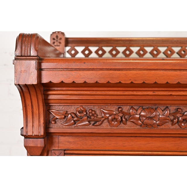 Late 19th Century Herter Brothers Style Antique Eastlake Victorian Carved Walnut Triple Bookcase Cabinet, Circa 1880s For Sale - Image 5 of 12