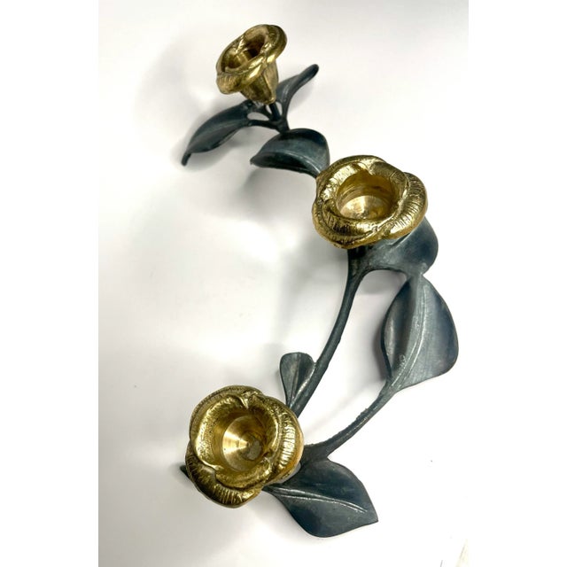 Art Nouveau Pewter & Brass Sculptural Floral Candleholder For Sale - Image 4 of 11