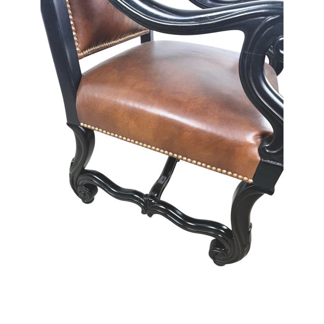 Brown Ferguson Copeland European Country Carved Wood & Leather Crest Armchair For Sale - Image 8 of 17