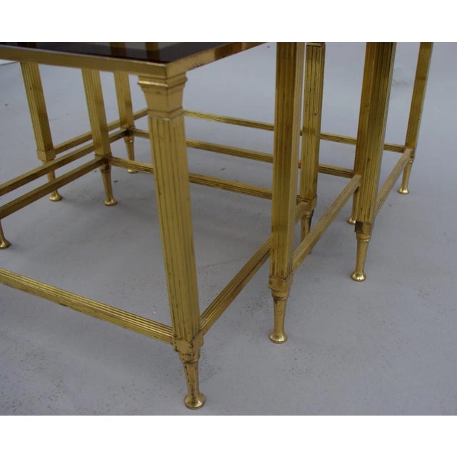 Vintage Gilt Metal and Smoked Glass Nesting Tables, Set of 3 For Sale - Image 3 of 4