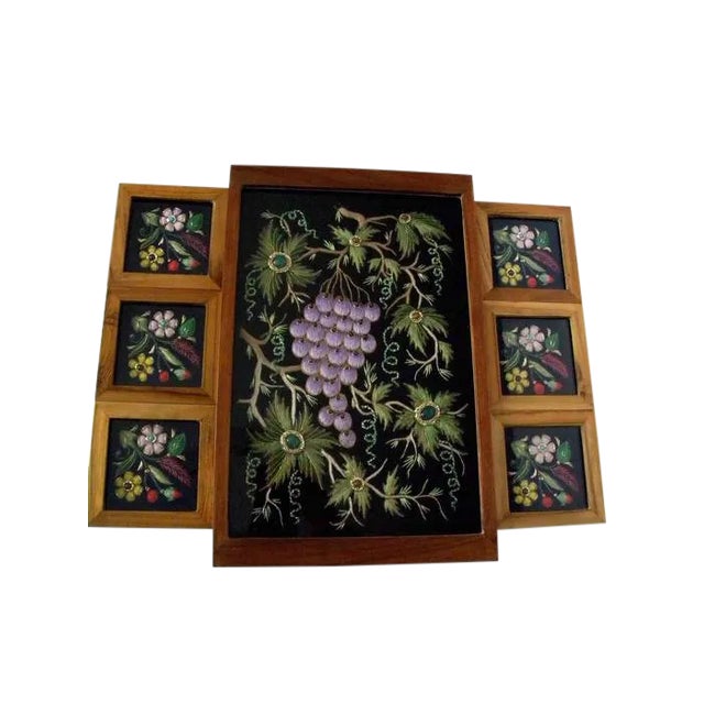 Vintage Embroidered Velvet Jewel Coasters and a Serving Tray Under Glass in Wooden Frame - 7 Pieces For Sale
