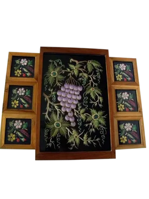 Vintage Embroidered Velvet Jewel Coasters and a Serving Tray Under Glass in Wooden Frame - 7 Pieces