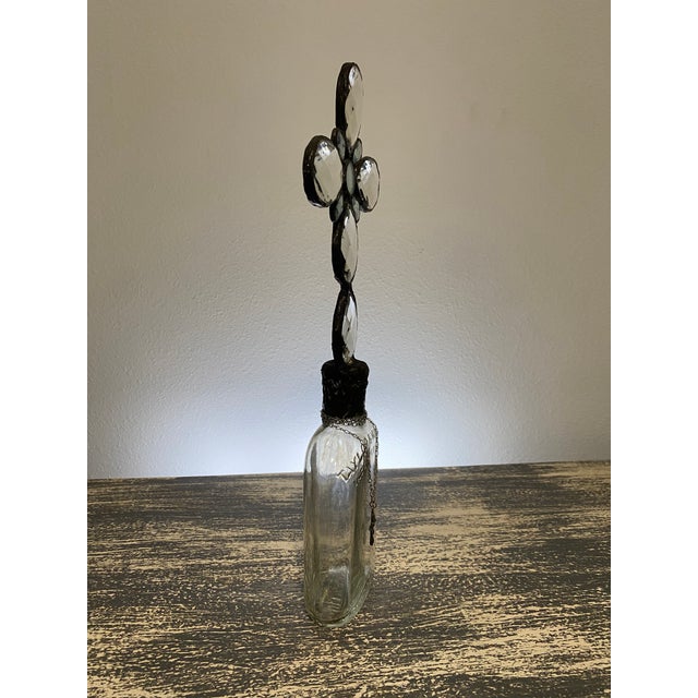 Early 21st Century Handmade Crystal Cross Assemblage Sculpture on Embossed Clear Glass Flask For Sale - Image 5 of 7