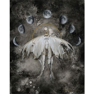 Luna by Kierstin Young | Oil on masonite panel Moth with moon phases in the background For Sale