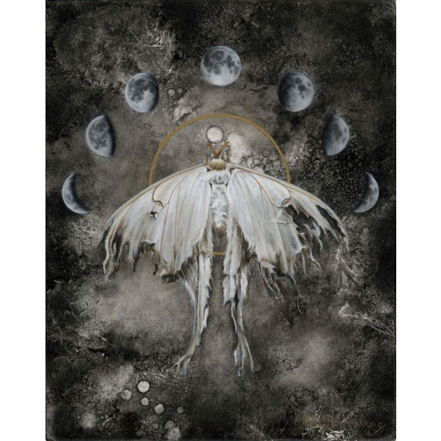 Luna by Kierstin Young | Oil on masonite panel Moth with moon phases in the background For Sale