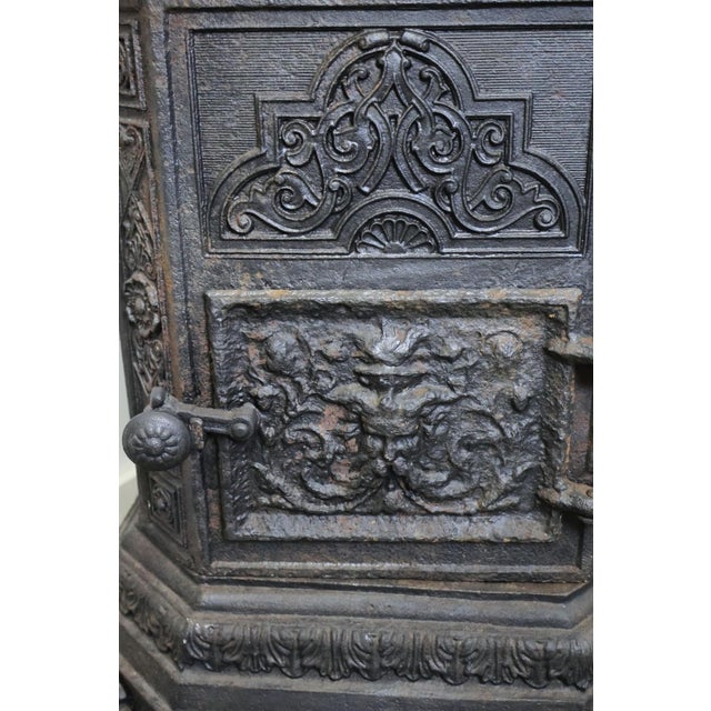 Antique European Ornate Cast Iron Parlor Stove Heater With Urn Finial & Paw Feet, C. 1890 For Sale - Image 9 of 12