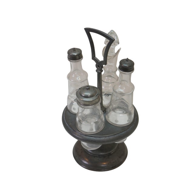 Victorian Antique Victorian Silver Plate Etched Glass Cruet Condiment Set 12" For Sale - Image 3 of 18