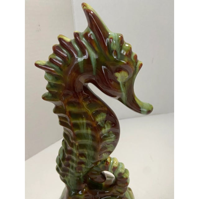 French style Majolica Seahorse statue Beautiful gloss Green and Brown majolica colors Vintage Ceramic