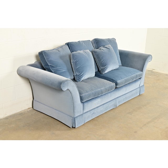 Baker Furniture Company Baker Furniture Blue Velvet Upholstered Roll Arm Sofa For Sale - Image 4 of 13