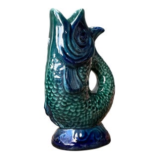 Vintage Majolica Glazed Ceramic Fish Pitcher For Sale