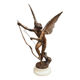 Statue of Cupid With Bow on Alabaster Base, 1896 For Sale