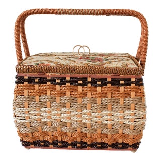 Vintage Rattan Rope & Stumpwork Needlepoint Sewing Basket For Sale