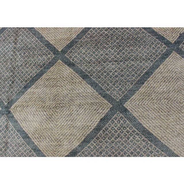 Large Gallery Rug in Modern Diamond Design in Blue-Green and Cream For Sale - Image 9 of 13