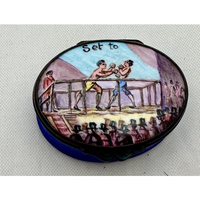 A Nineteenth Century Enamel on Copper Patch Box, Trinket Box. This is a great scene. Hand Painted on Enamel, Two Men are...