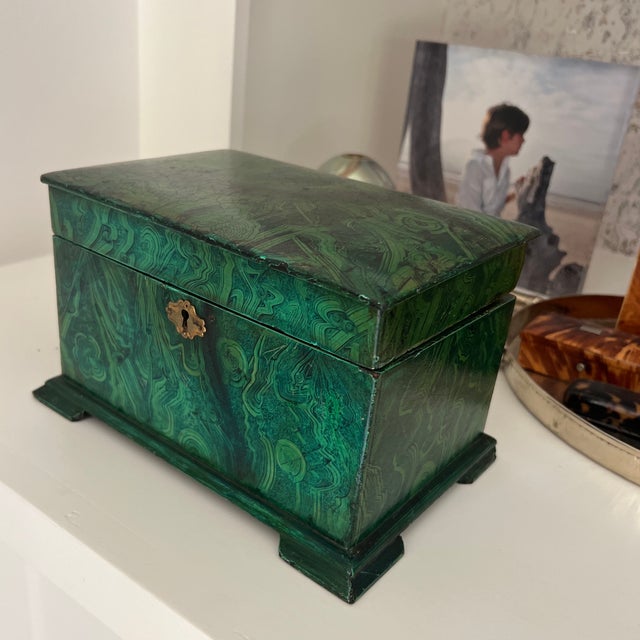 Traditional Antique English Hand Painted Faux Malachite Wood Tea Caddy Box For Sale - Image 3 of 6