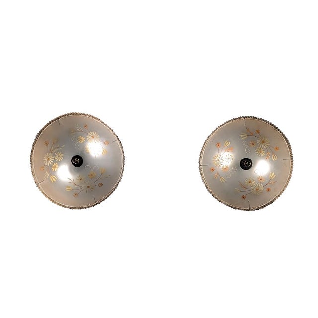 Pendant Lights attributed to Paavo Tynell with Hand-Painted Glass Diffusers attributed to Kyllikki Salmenhaara for Taito Oy, Finland, 1940s, Set of 2 For Sale - Image 9 of 18