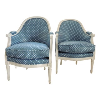 Antique French Louis XVI Style Upholstered Barrel Back Armchairs - A Pair For Sale