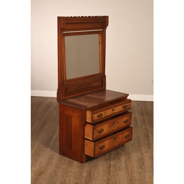 Victorian Antique Victorian Eastlake Walnut Marble Top Dresser With Mirror For Sale - Image 3 of 18