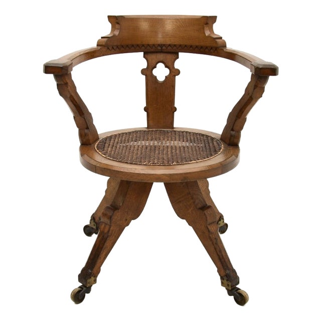 Antique Victorian Gothic Revival Oak Swivel Chair, 1870 For Sale