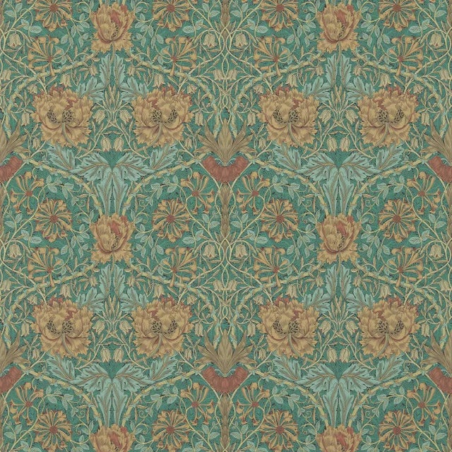 Morris & Co Honeysuckle & Tulip Wallpaper in Emerald/Russet For Sale