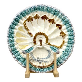 Antique Longchamp Majolica Asparagus Plate: French Barbotine Shell Motif For Sale