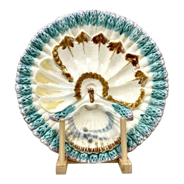 Antique Longchamp Majolica Asparagus Plate: French Barbotine Shell Motif For Sale