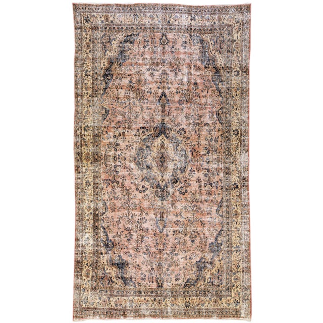 Textile Vintage Persian Distressed Peach Handmade Floral Wool Rug For Sale - Image 7 of 7