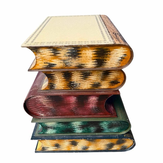 Vintage Italian Tole Metal Stacked Books end table featuring Trompe L'oeil design. Nice to use as an end table with storage.