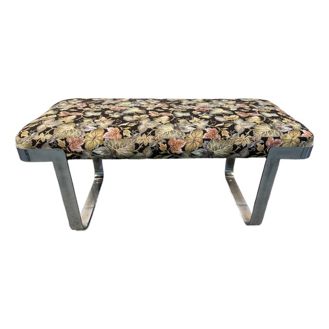 Mid 20th Century Milo Baughman Style Floral Upholstered Chrome Bench For Sale