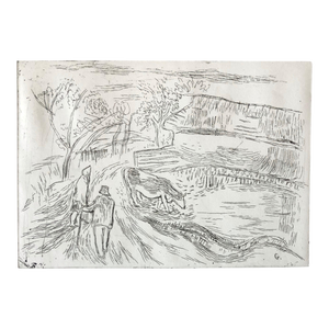 Tibor Gergely, Vintage Art Etching Farm with Cow and Farmer, Famed Children's Book Illustrator, c.1940s