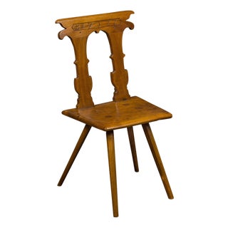 English 1850s Oak Chair with Pierced Back, Carved Inscription and Wooden Seat For Sale