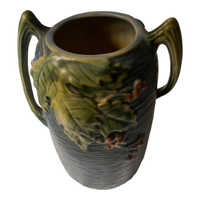 Vintage Roseville Pottery Bushberry Blue Asymetrical Art Deco Vase #31-7" For Sale