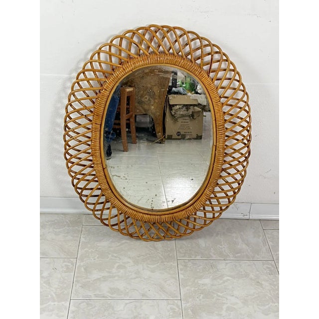 Franco Albini Mid-Century Oval Mirror in Rattan and Bamboo in the Style of Franco Albini, 1960s For Sale - Image 4 of 9