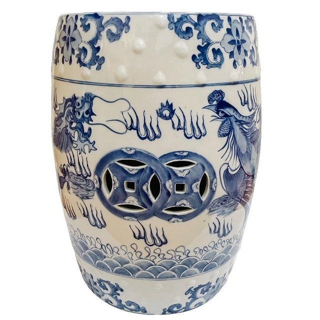Late 20th Century Chinese Blue & White Garden Stool With Dragon & Phoenix Motif For Sale In San Diego - Image 6 of 9