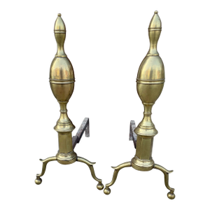 Antique American Double Lemon Top Federal Style Brass Andirons