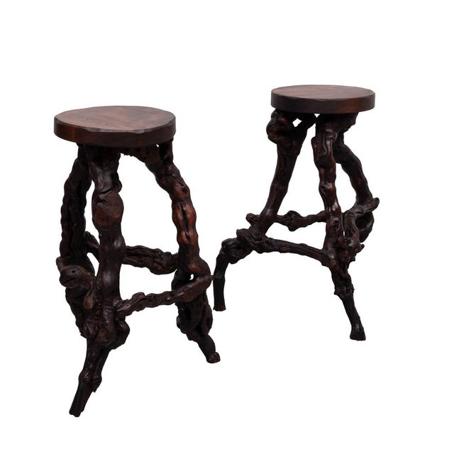 Mid-Century Modern Vintage French Twisted Grape-Vine Roots Bar Stools, 1960s, Set of 2 For Sale - Image 3 of 11