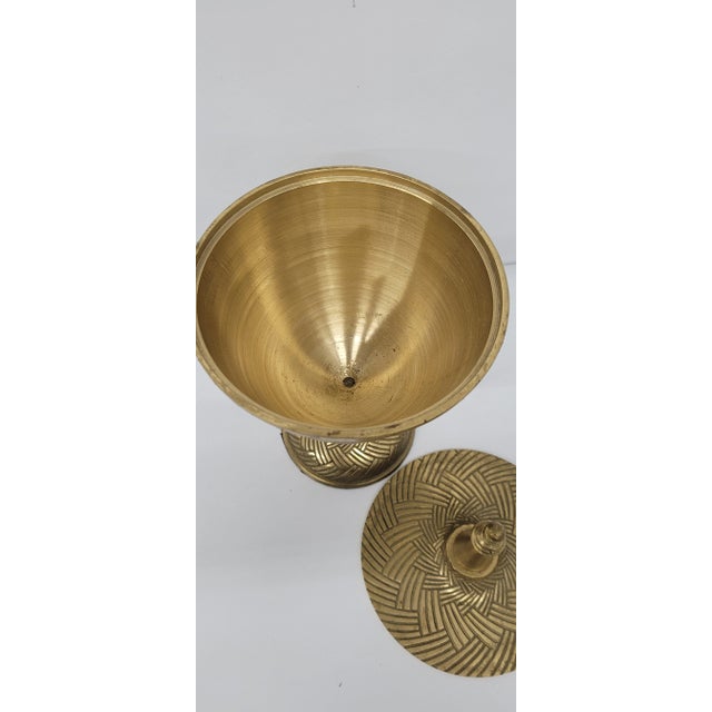 Brass Vintage Ornate Brass Urn Pedestal Bowl Etched Design With Finial Lid For Sale - Image 8 of 9