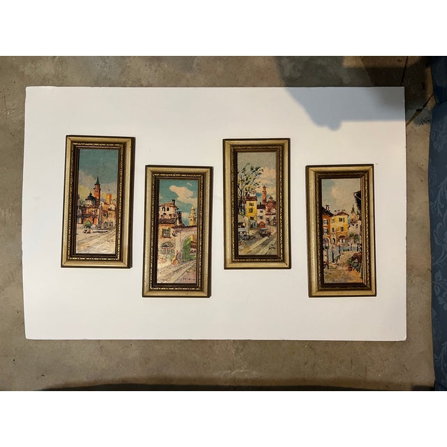 Charming and highly collectible, this coordinated set of four mid-century miniature paintings beautifully captures classic...